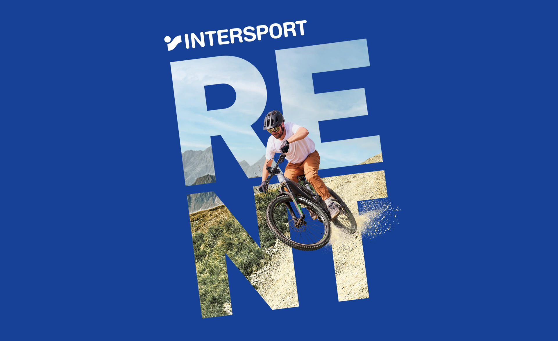 Cyclist in mountainous terrain, integrated into the eye-catching lettering “RENT” on a blue background. Dynamic movement and outdoor adventure theme.