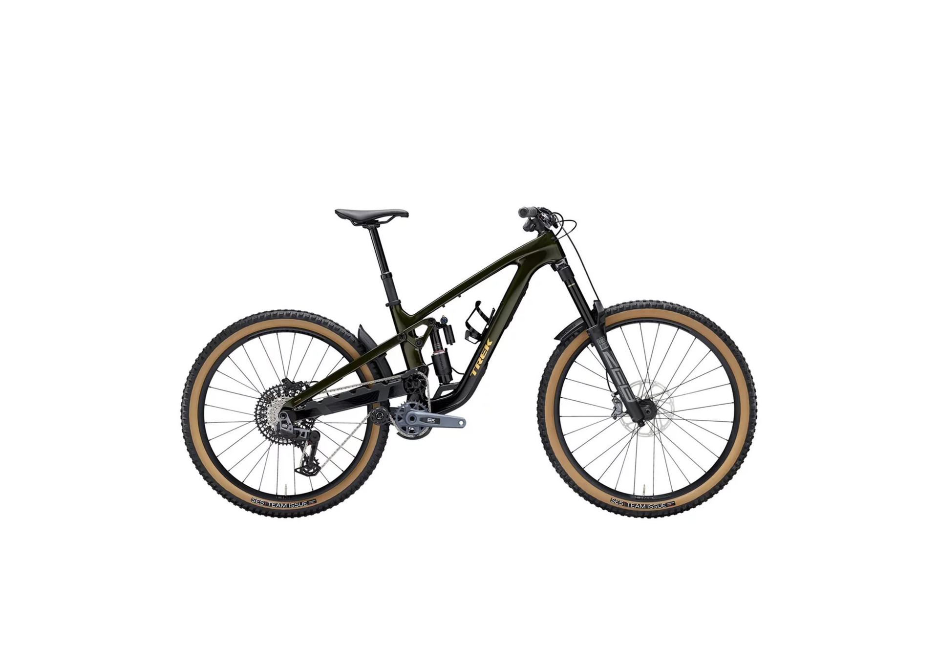 A sleek, modern mountain bike with a dark green frame, tan wheels, and advanced suspension system, conveying a sense of adventure and ruggedness.