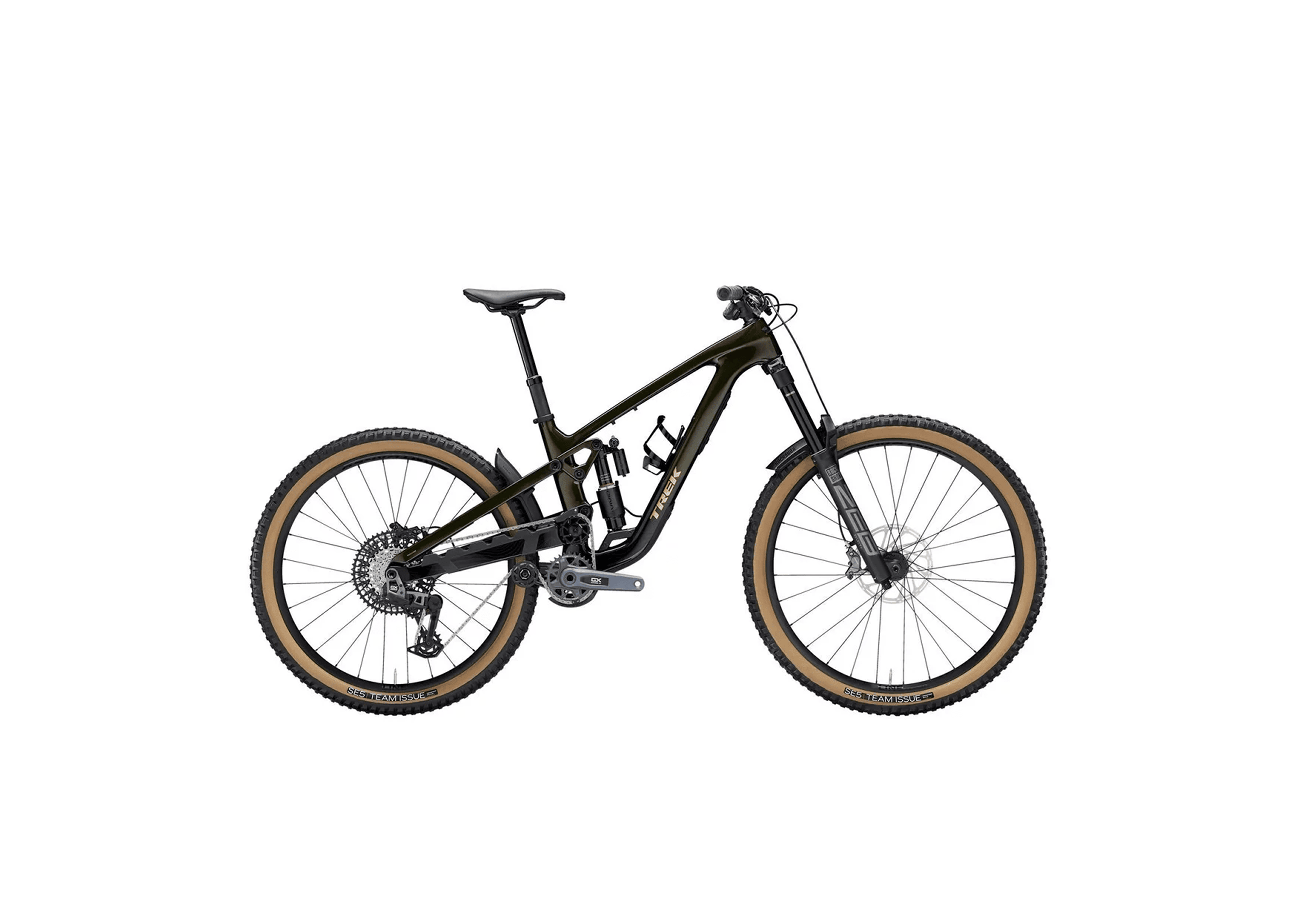 A sleek, modern mountain bike with a dark green frame, tan wheels, and advanced suspension system, conveying a sense of adventure and ruggedness.