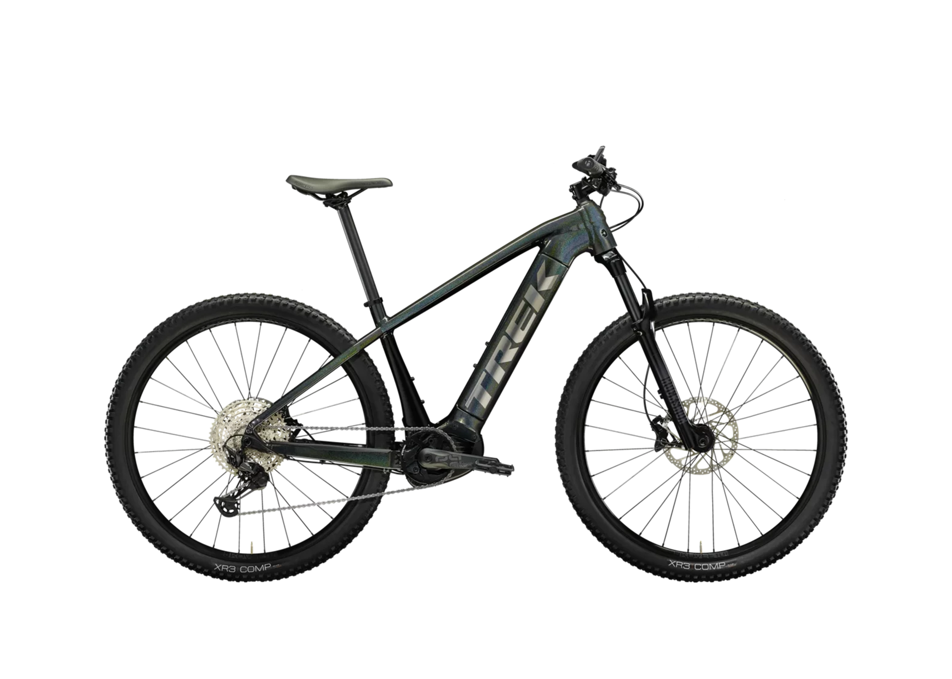 A sleek, black electric mountain bike with wide tires and a sturdy frame against a white background, conveying a sense of adventure and modern technology.