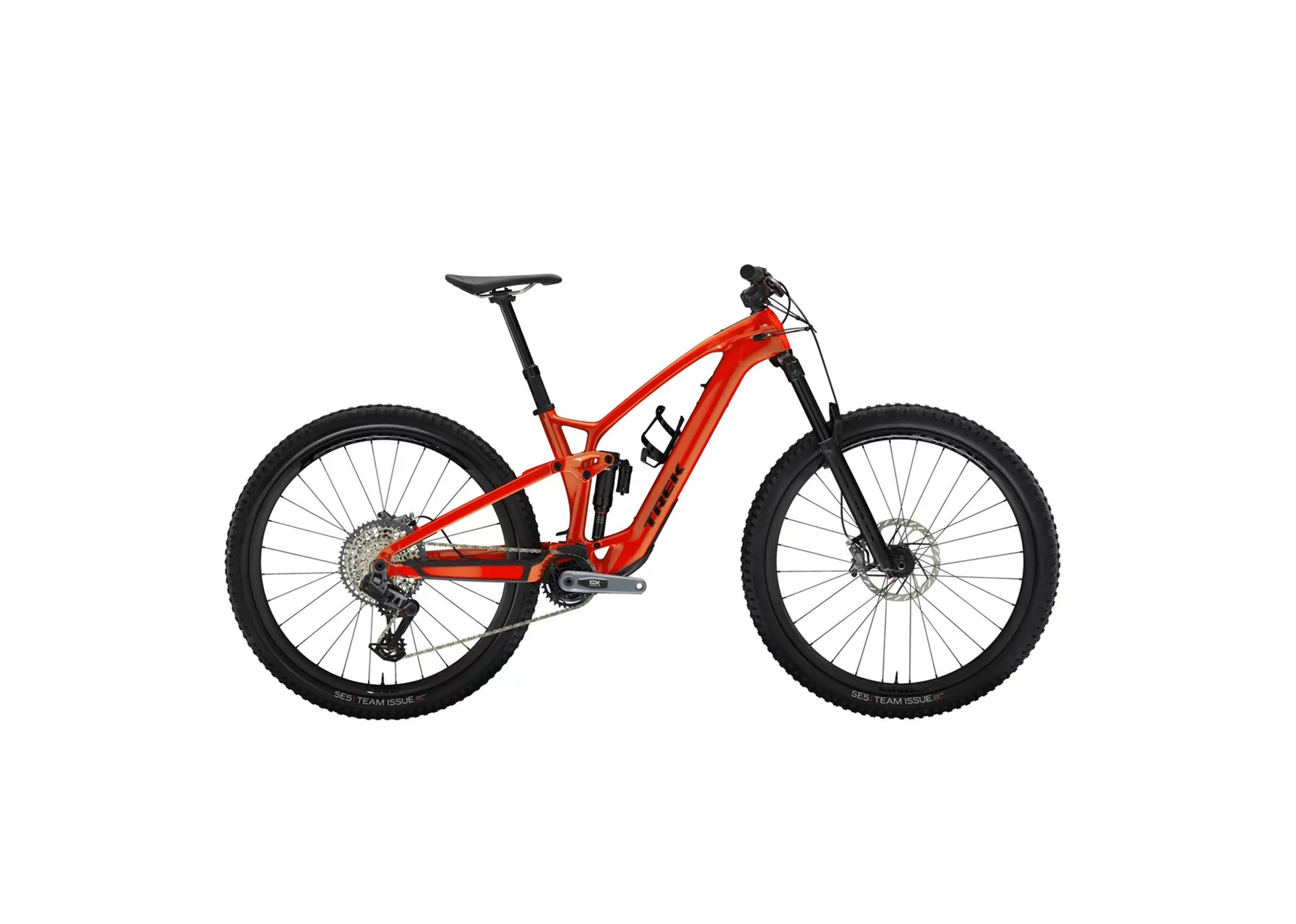 Red mountain bike with knobby tires, full suspension, and a sleek frame design. Set against a plain white background, it exudes a sense of adventure.