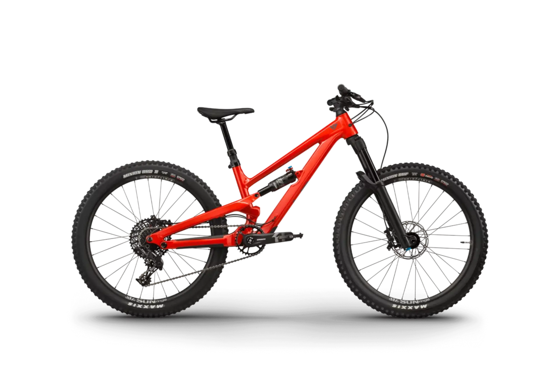 Bright red mountain bike with thick, treaded black tires on a light grey background. The bike features a sturdy frame and modern design, conveying an adventurous and dynamic tone.