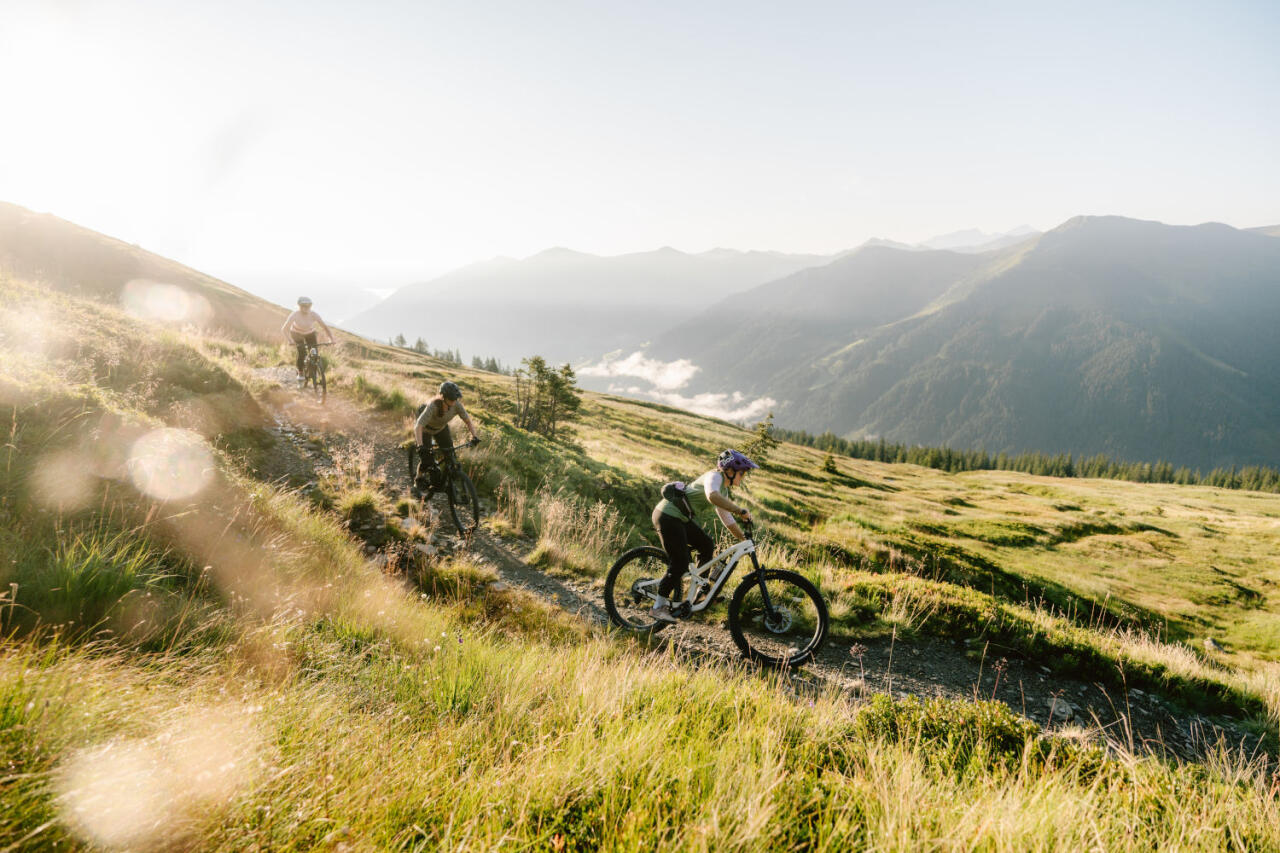 3 bikers ride down a trail on mountain bikes