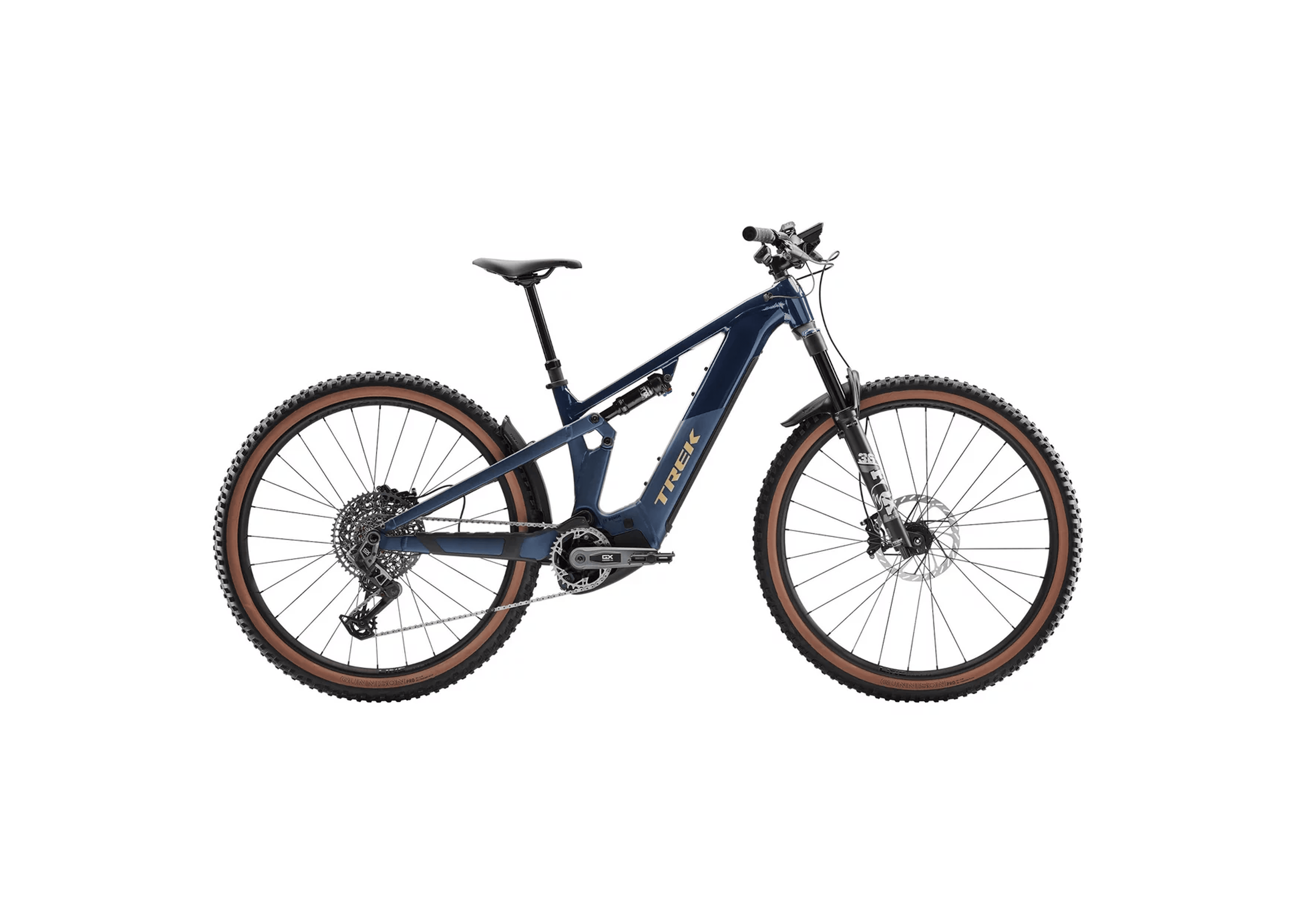 Sleek blue electric mountain bike with a sturdy frame, front suspension, and thick tires. The bike exudes a modern and powerful design.