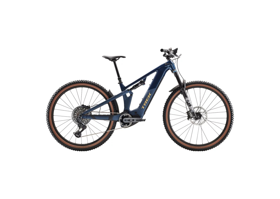 Schickes blaues Elektro-Mountainbike mit stabilem Rahmen, Vorderradfederung und dicken Reifen. Das Fahrrad besticht durch sein modernes und kraftvolles Design.